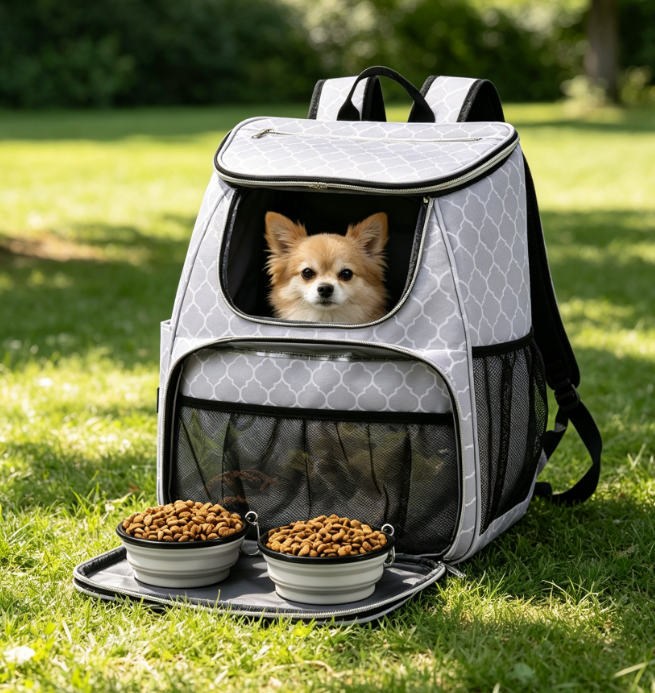 Airline-Approved Pet Travel Bag with Collapsible Bowl & Food Container