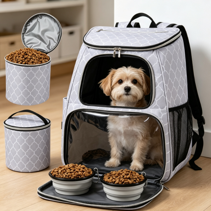 Airline-Approved Pet Travel Bag with Collapsible Bowl & Food Container